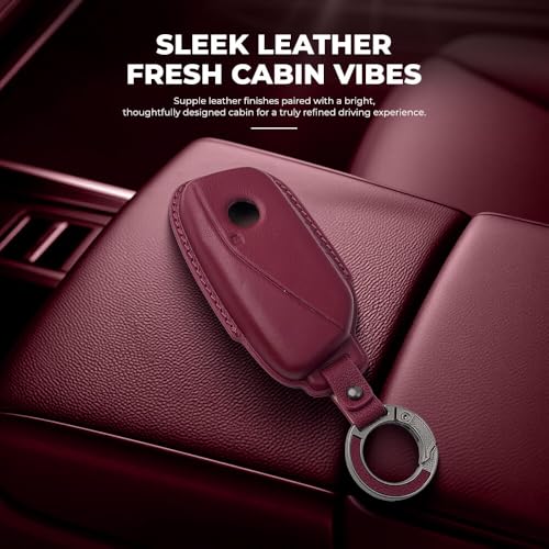 Image of Keyzone Premium Leather Key Cover & AC Vent Car Perfume Combo (4 Fragrances) | Compatible for BMW 7 Series 740i 760i X1 X7 XM IX I7, X5 2023 Onwards 4 Button Smart Key (Red)