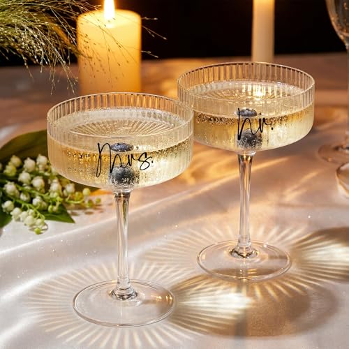 Image of AW BRIDAL Mr and Mrs Martini Champagne Glass, 8.5oz Ribbed Coupe Glass Set