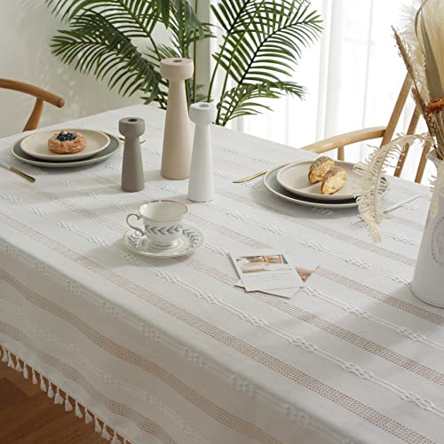 Gernaice Rustic Stripe Embroidered Tablecloth Heavy Square Tassel Cotton Linen Table Cloth Wrinkle Free Washable Table Cover For Kitchen Dinning Party Holiday White 55X55 Inch #TOP6