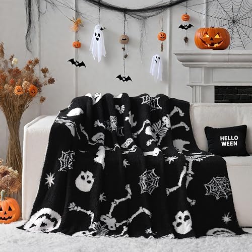 Halloween Skulls Blanket - Soft Cozy Throw with Spooky Ghosts,