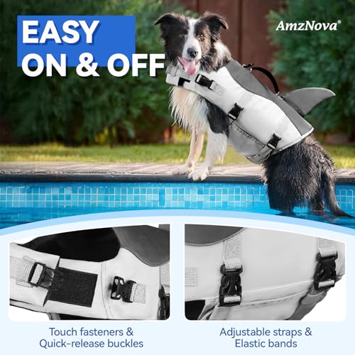 AMZNOVA Shark Hundeschwimmweste, Schwimmweste with Flossen & Haiflosse, Rettungsweste Hund für Bootfahren, Schwimmhilfe & Leichte, XL, Grau
