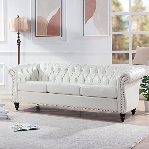 Image of LEVNARY Chesterfield Sofa, Classic Tufted Upholstered Leather Couch, Modern 3 Seater Couch Furniture with Tufted Back for Living Room Office (Cream White)