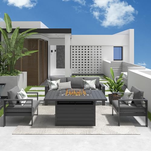 Solaste Aluminum Patio Furniture Set with Fire Pit Table, 4 Piece Metal Outdoor Furniture with Water-Resistant Cushions, Modern Patio Conversation Set for Balcony, Front Porch, and Backyard, Grey