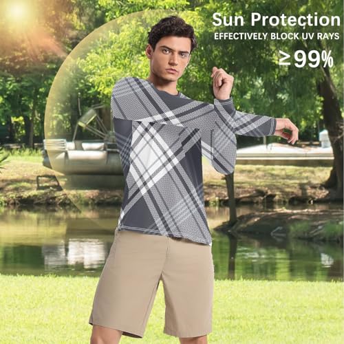 Plaid Dark Blue White UPF 50+ Long Sleeve Sun Shirt Quick Drying Round Neck Rash Guard Long Sleeve Hiking4