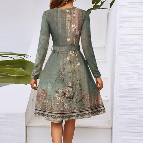 Womens Long Sleeve A Line Midi Dresses,Trendy Casual V Neck Smocked Flowy Elegant Formal Floral Knee Length Dress3