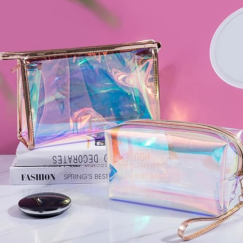 Desuibao Iridescent Holographic Makeup Bag with Portable Handle, Travel Clear Toiletry Bag, Lipstick Cosmetic Pouch - Image 4