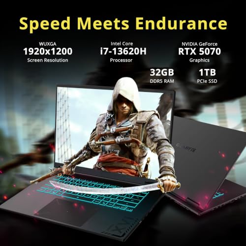 Image of GIGABYTE A16 16 inch WUXGA 165Hz Gaming Laptop, Intel Core i7-13620H, GeForce RTX 5070 8GB GDDR7, 32GB RAM, 2TB Storage(1TB SSD+1TB Docking Station Set), RGB Backlit Keyboard, Win 11, Black Steel