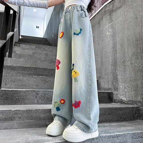 Girls Chic Embroidered Patch Wide Leg Jeans Vintage Washed Elastic High Waisted Loose Denim Pants with Pockets for 3-14 Years4