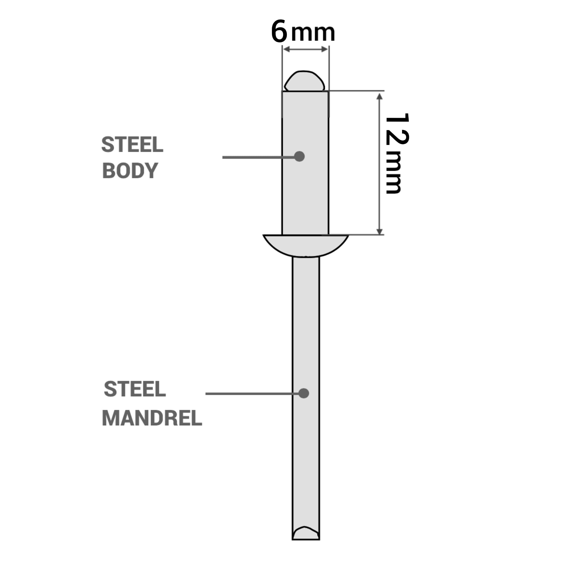 SKIR'CO (25 pcs) Zinc Plated Steel Blind Rivets 6.0 x 12 mm, Steel Mandrel, Pop Rivets, Dome Head, DIN 7337 Rivets - Image 3