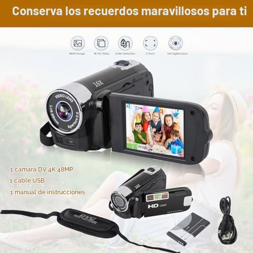 Cámara de Video para Vlogging, Videocámara Full HD 1080P, Zoom Digital 16X 16MP, Pantalla Giratoria TFT de 2.7in, con Luz de Relleno y Puerto USB, Captura Momentos Maravillosos (Negro)