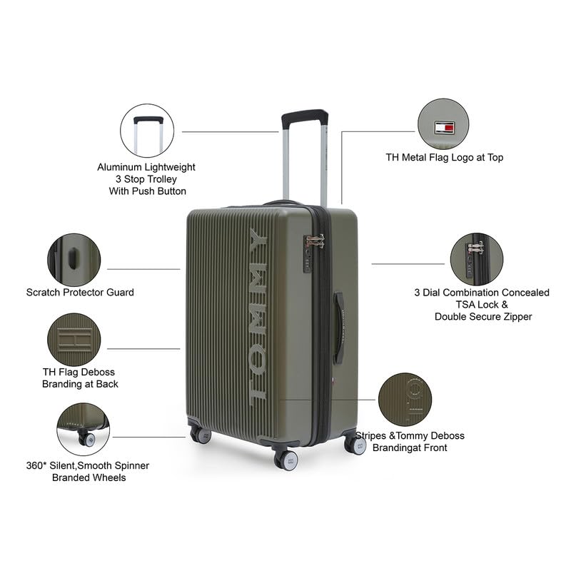 Image of Tommy Hilfiger Polycarbonate Double 8 Spinner Wheels Hard Shell Luggage Trolley, Olive Green, Empire Plus, 35L | Big Suitcase for Travel, Travelling Luggage, Small, 57 Cm