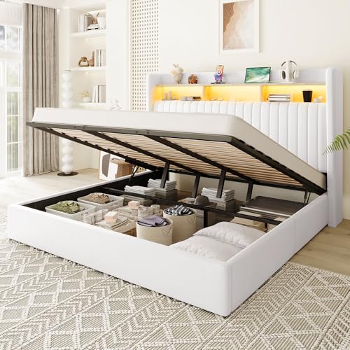 Image of Allewie King Size Lift Up Storage LED Bed Frame, Charging Station, White