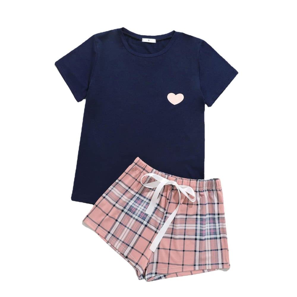 Pijama De Mujer Manga Corta,Tops Azules Y Pantalones Cortos A Cuadros Pijama De Manga Corta para Mujer Conjunto De 2 Piezas Pijama Suave Y Cómodo para Mujer Ropa De Descanso Regalo del Día De La M