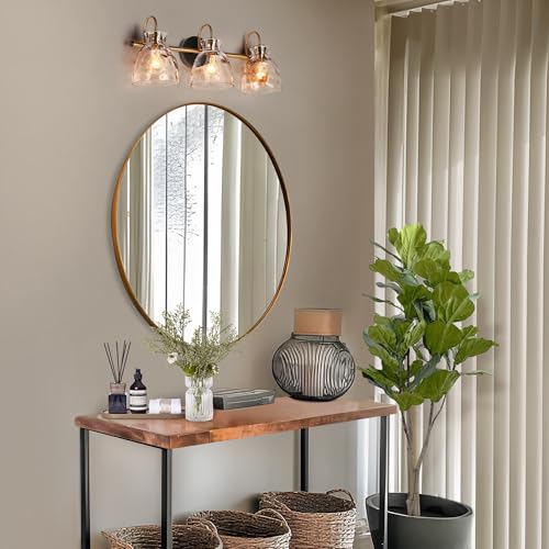 Image of KSANA Black Gold Bathroom Light Fixtures, 3 Light Modern Vanity Lights with Textured Glass Mid-Century Bathroom Vanity Lighting for Bedroom, Kitchen, Powder Room, Black & Electroplated Brass Finish