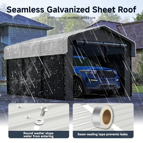 Image of 10x15FT Heavy Duty Metal Carport, Outdoor Carport with Galvanized Steel Frame and Roof, Multi-Use Car Garage Shelter with Removable Sidewalls, Enclosed for Cars, Pickup, Tractors, Tools, Cream White