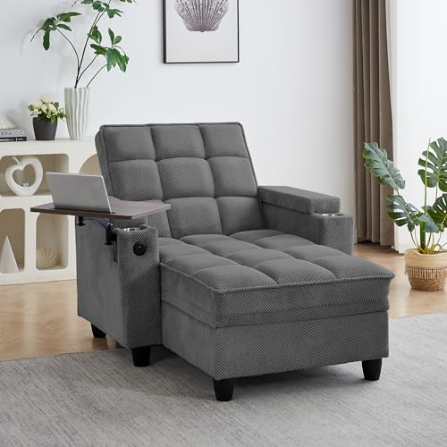 Oversized Recliner Chair with Swivel Tray Table, Modern Tufted Linen Fabric Single Sofa with Cup...