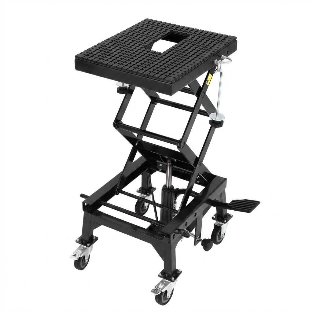 garvee hydraulic motorcycle lift jack 350lbs, foot operated scissor lift table for atv dirt bike, heavy-duty steel stand with safety lock & wheels, 13.78"-34.25" height adjustable, motorcycle scissor