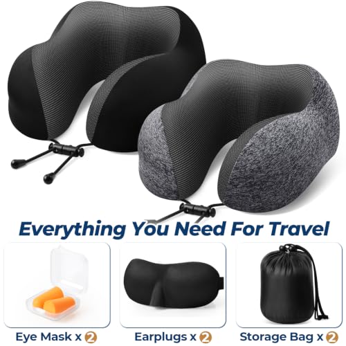 Image of ExploreBliss Travel Pillow, 2 Pack Travel Pillows for Sleeping Airplane, Removable Cover Neck Pillow with Adjustable Clasp, Memory Foam Neck Pillow Set (Dark Grey & Black) | Travel Pillows for Airplanes, Neck Pillow Airplane, Memory Foam Neck Pillow Set with Eye Mask, Earplugs