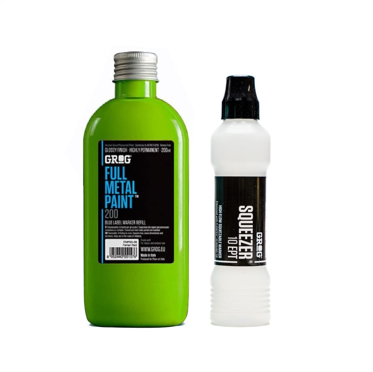 Grog Full Metal Paint & Squeezer 10 EPT - 10mm Mop Marker & Gloss Permanent Paint Refill 200ml (Laser Green)