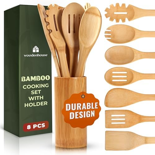 Bamboo Utensils 7 PCs with Holder – Bamboo Cooking Utensils Set +...