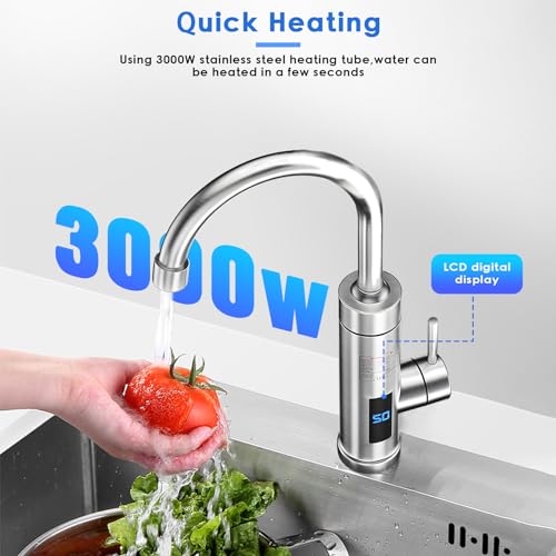 Elektrischer Wasserhahn für Durchlauferhitzer aus Edelstahl, Wasserhahn warm und kalt, 3000 W, Thermometer ohne LED, Warmwasserhahn für Küchenspüle, 360 ° drehbarer Wasserhahn