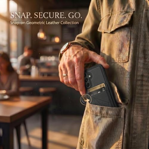 Image of amazon basics Premium Vegan Leather Back Cover with Card Holder and Integrated Mobile Stand for Samsung Galaxy S26 5G - Slim Shockproof Wallet Case with Geometric Stitching [Black]