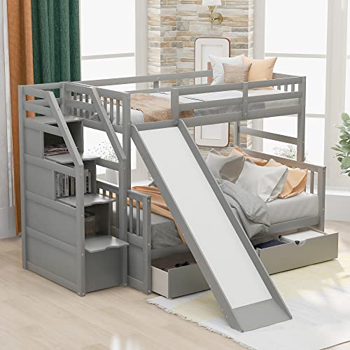 Harper & Bright Designs Twin Over Full Bunk Bed, Solid Wood Bunk Bed Frame with Drawers, Storage and Slide for Kids/Teens, No Box Spring Needed (Grey, Twin Over Full)