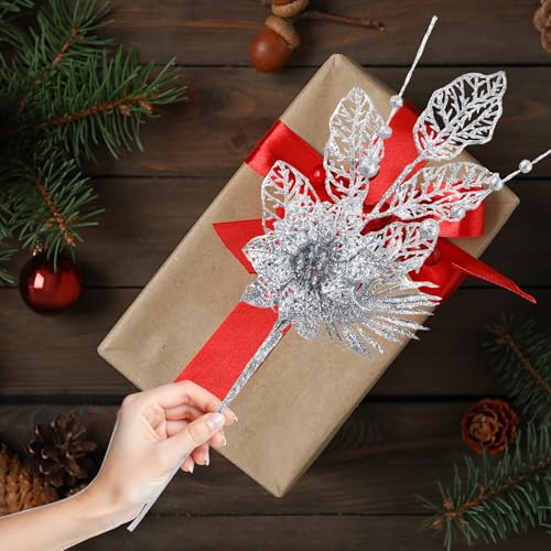 CristBest 24 Pack Christmas Tree Ornaments - Artificial Flowers Glitter Berry Stems Christmas Floral Picks Branches for Xmas Tree Decorations Vase Filler Holiday Wedding Party Home Decor (Silver) - image 5
