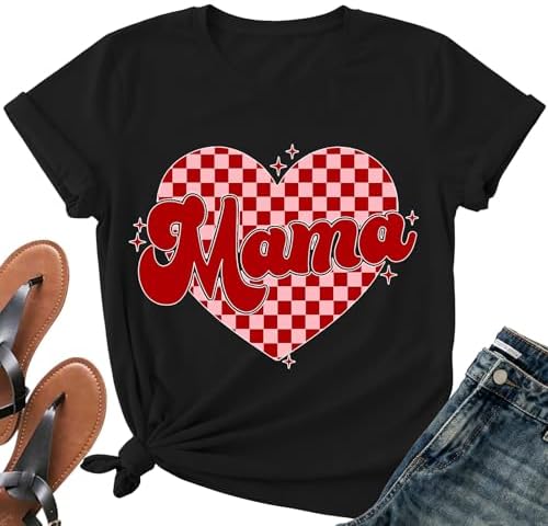 Mama Valentine Shirt Women-Valentine Day Mom Heart Short Sleeve Women Cute Heart Pattern Plaid Tee Top