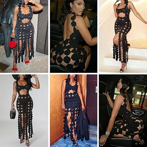 Image of Women's Sexy Sleeveless Hollow Out Maxi Dress Tassel See Through Backless Bodycon Party Club Long Dress