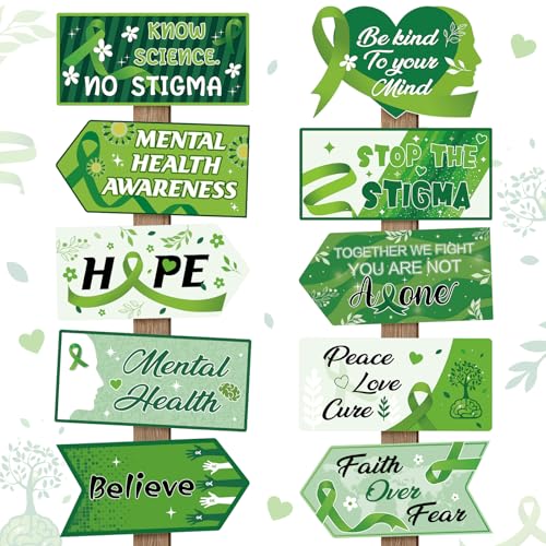 Image of Hooqict 20 Pieces Mental Health Awareness Decorations Signs Motivational Inspirational Green Ribbon Party Directional Sign for Mental Health Awareness Month Therapy Counseling Office Decorations