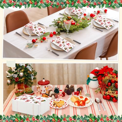 Pajean 100 Pack Christmas Paper Guest Napkins Vintage Disposable Bathroom Napkins Candy Cane Buffalo Plaid Ribbon Bow Christmas Poinsettia Decorative Hand Towels for Xmas Holiday Party Kitchen Dinner – Image 6