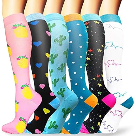 Sooverki 6 Paar Kompressionsstrümpfe für Damen und Herren, Bunte Kompressionssocken Stützstrümpfe für Laufen, Sport, Flug, Reise, Radfahren A19-multi-6 Paar L/XL Cover