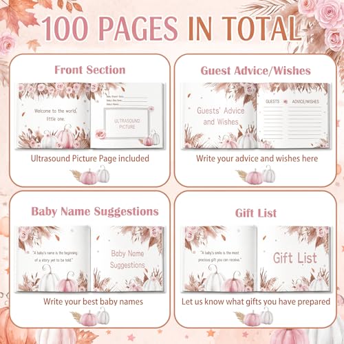 Image of Fuyoooo 27 Pcs Boho Little Pumpkin Baby Shower Guest Book Set Baby Shower Sign in Guest Pink Pumpkin Book Place Table Cards with Gold Pen Adhesive Photo Corner for Birthday Party