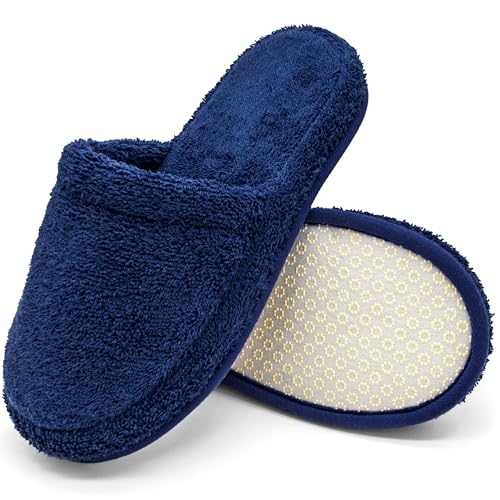 Zapatillas de baño de Rizo – Pantuflas de Invitados de algodón con Espuma viscoelástica, Antideslizantes, Lavables – para Hotel, SPA, Sauna – Azul Marino, 43-46, MA-2