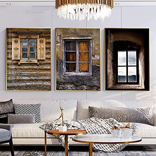 Affiche Moderne Fenêtre en Bois Peinture Abstraite Giclée Salon 3pcs