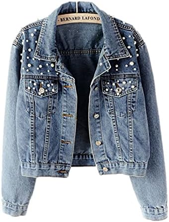 Ankecity Oversize Sequins Pearl Embroidered Women's Ripped Distressed Casual Long Sleeve Denim Jacket Coat