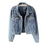 Ankecity Oversize Sequins Pearl Embroidered Women's Ripped Distressed Casual Long Sleeve Denim Jacke