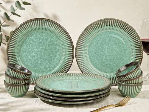 Image of Bodhi House Premium 12-Piece Stoneware Dinner Set Serving for 6 - Handcrafted Ceramic Plates, Bowls & Serving Bowls | Microwave & Dishwasher Safe | Elegant Modern Tableware Crockery Turquoise Green