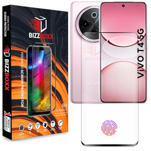 Image of Compatible With Vivo T4 5G Full Glue Tempered Glass Screen Protector Guard Quad Curved Edges - High Definition, Fingerprint Working, UV Glue Not Required (Vivo T4, 6.67 Inch) - Pack of 1