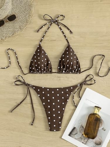 Image of Tainehs Women's Sexy Halter Thong Bikini Tie Two Sides Bottom Triangle Bikini Swimsuits