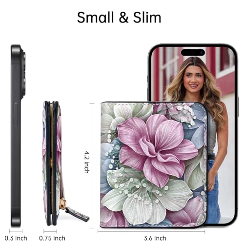 Image of Toughergun Happy Flower Floral RFID Small Wallet Women, Slim Thin Vegan Leather Bifold Wallet with Zipper Coin Pocket & ID Window, Cute Mini Travel Credit Card Holder Gift for Women Ladies Teen Girls
