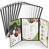 WenYa Lot de 10 couvertures de menu A4   3 pages   6 vues (triple pliage)   Style café   Bordure noire transparente   Avec protections d'angle en métal   Convient pour le papier de format A4 pour
