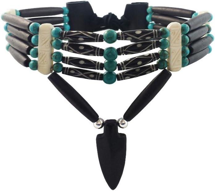 Handmade Traditional 4 Row Buffalo Bone Hairpipe Tribal Choker Necklace with Arrowhead Pendant
