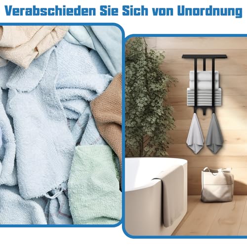 Handtuchhalter Handtuchregal, Bethom Handtuchhalter Wandmontage, Handtuchhalter aus Stahl mit Oberer Ablage und 3 Haken für Große Handtücher, Kleine Handtücher, Handtücher, Wohnmobil, Camper, Schwarz
