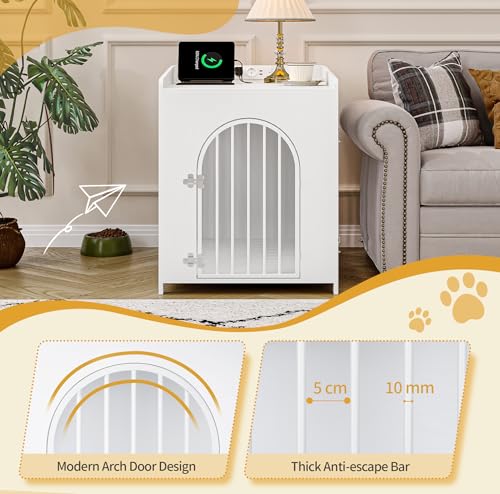 Hzuaneri Hundekäfig Möbel Beistelltisch, Hundebox mit USB-Anschluss und Steckdose, 2 Türen, Bogentür, Moderne Hundebox Indoor für mittlere/kleine Hunde, Hundekäfig für Zuhause, 90 x 63 x 79 cm, Weiß
