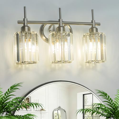 Image of Crystal Bathroom Vanity Light, Brushed Nickel Bathroom Lighting Fixtures, 3-Light Modern Wall Sconces with Crystal Clear Shades for Bedroom Living Room