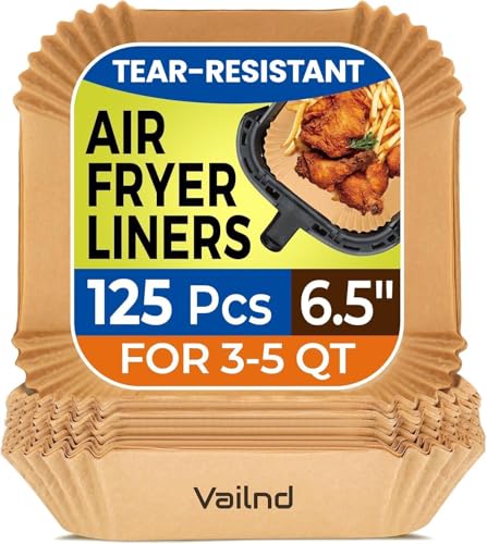 Image of 125Pcs Air Fryer Paper Liners, 6.5 inch Square Air Fryer Liners Disposable, Heavy-Duty Parchment Paper for 3-5 QT Airfryer Basket, Non-Stick & Grease-Proof Baking Liner for Oven Pan