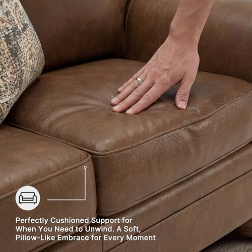 Image of Signature Design by Ashley Shadsburne Rustic Faux Leather Loveseat with Nailhead Trim and 2 Throw Pillows, Brown