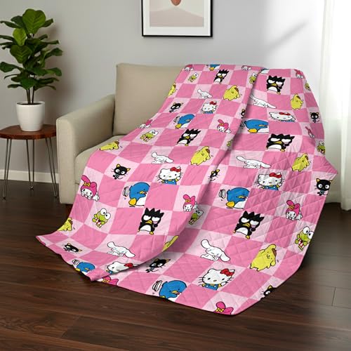 Image of Northwest Hello Kitty & Friends Reversible Quilted Throw, Kawaii Checkered Pattern, Comfy Throw, for Anime Fans, Game Room, Chair or Couch, 60 x 80 Inches